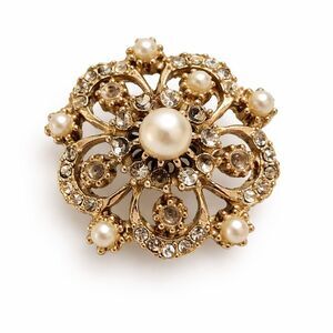 Vintage Gold Tone Pearl Rhinestone Floral Brooch Romantic Estate Heirloom Bridal